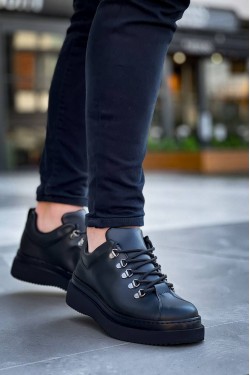 KB-X4 Erkek Günlük Bağcıklı Cilt Spor Sneaker Ayakkabı CST - Siyah