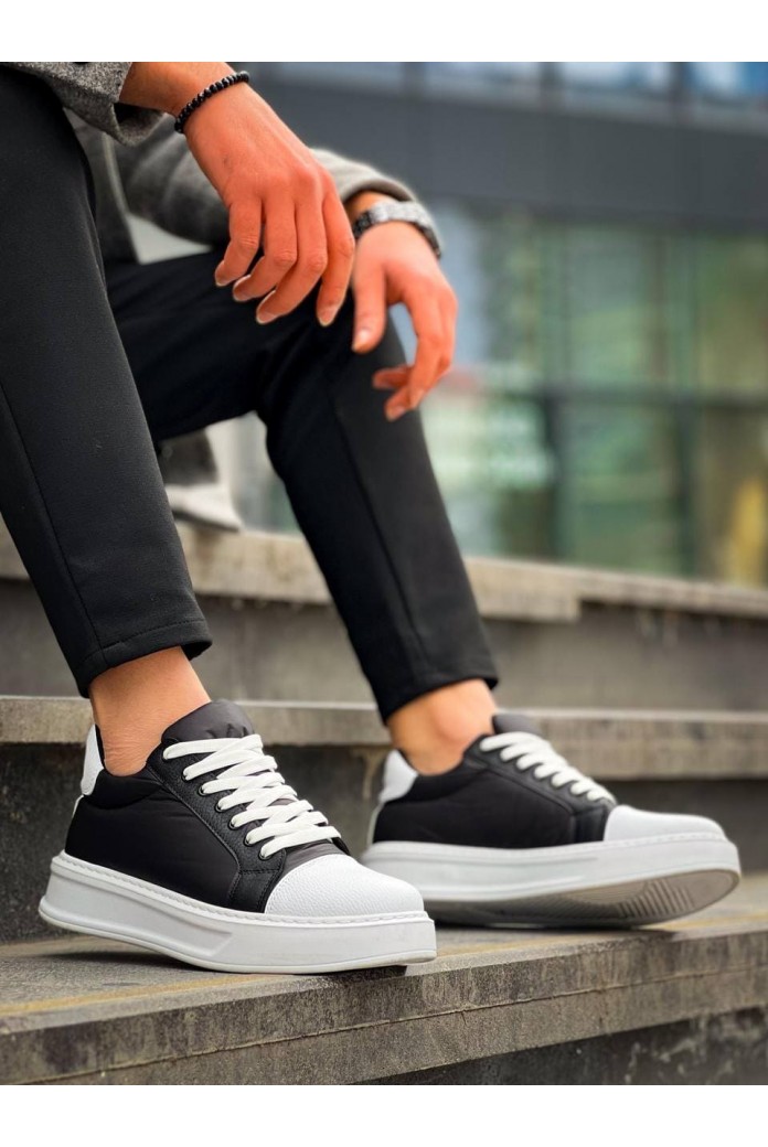 KB-X46 Erkek Günlük Bağcıklı Paraşüt Kumaş Cilt Spor Sneaker Ayakkabı PKCBT - Siyah/Beyaz