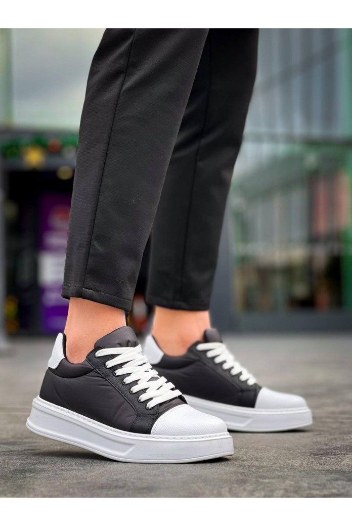 KB-X46 Erkek Günlük Bağcıklı Paraşüt Kumaş Cilt Spor Sneaker Ayakkabı PKCBT - Siyah/Beyaz