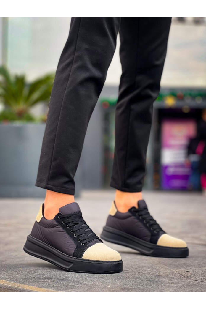 KB-X46 Erkek Günlük Bağcıklı Paraşüt Kumaş Süet Spor Sneaker Ayakkabı PKSST - Siyah/Bej