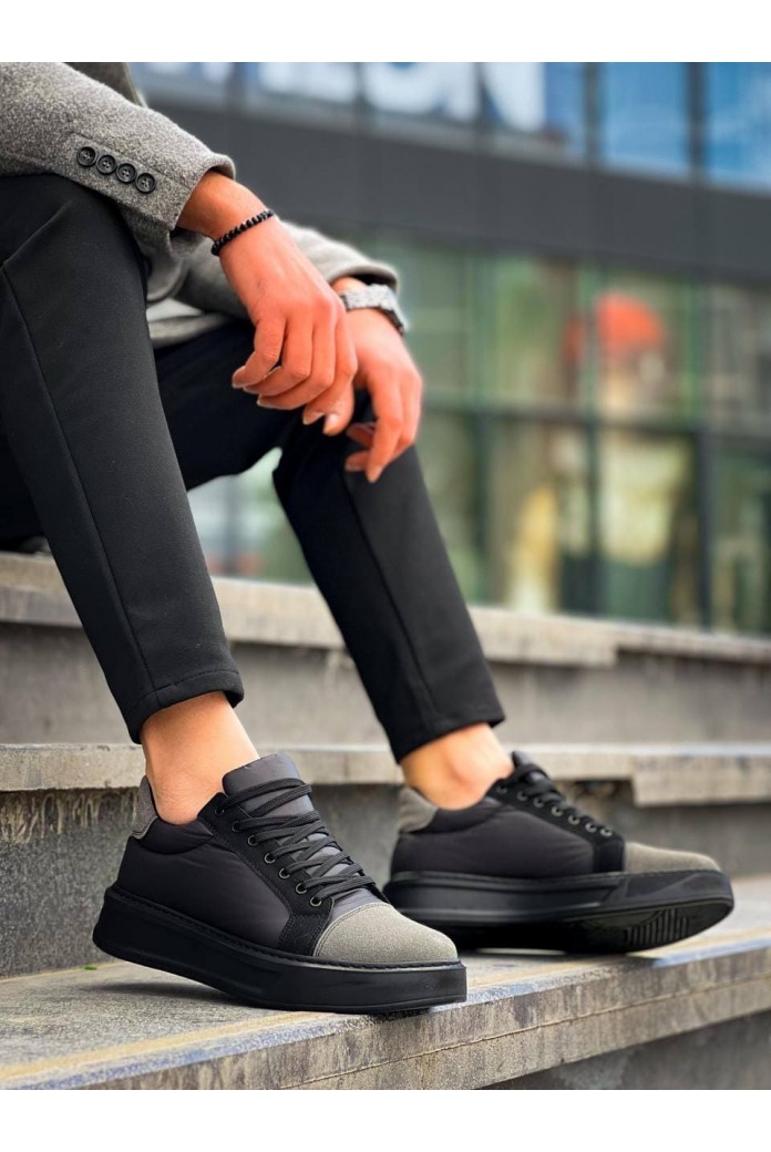KB-X46 Erkek Günlük Bağcıklı Paraşüt Kumaş Süet Spor Sneaker Ayakkabı PKSST - Siyah/Gri