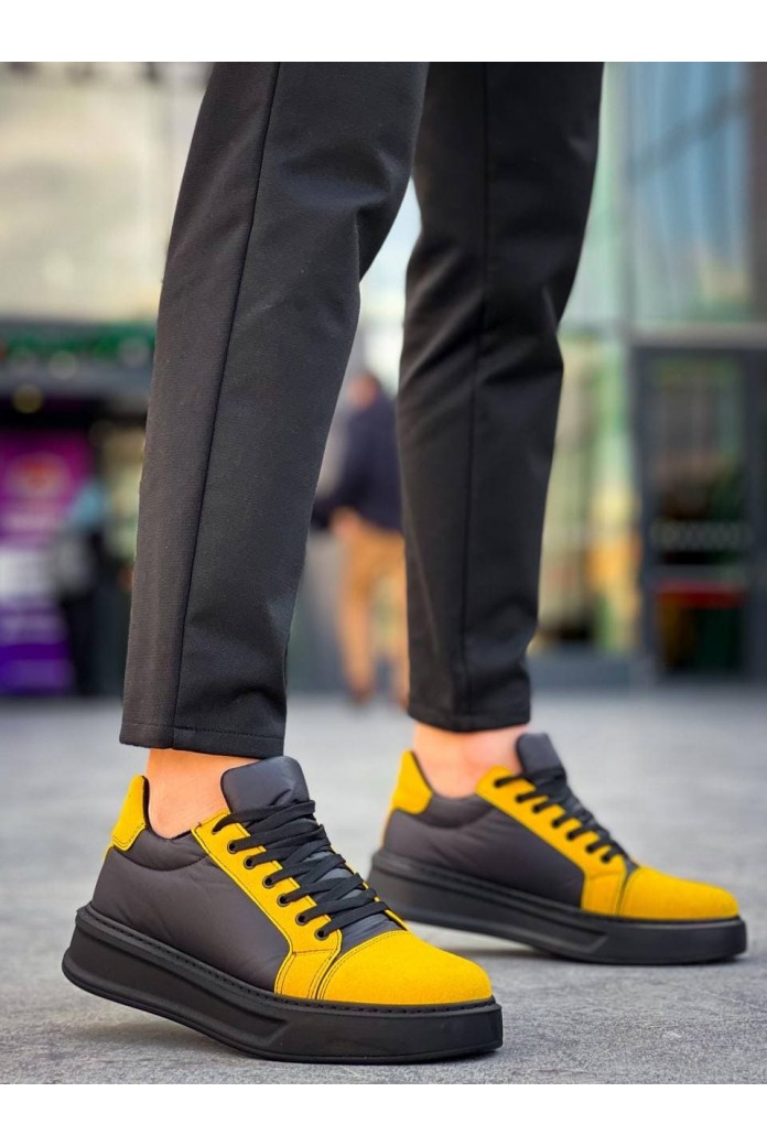 KB-X46 Erkek Günlük Bağcıklı Paraşüt Kumaş Süet Spor Sneaker Ayakkabı PKSST - Siyah/Sarı