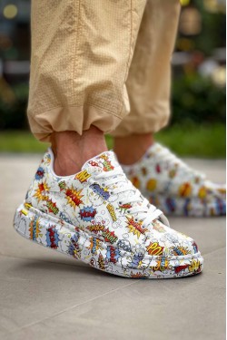 KB-X500 Erkek Günlük Bağcıklı Boom Baskılı Cilt Spor Sneaker Ayakkabı CBT - Beyaz