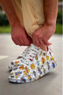 KB-X500 Erkek Günlük Bağcıklı Boom Baskılı Cilt Spor Sneaker Ayakkabı CBT - Beyaz