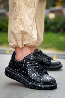 KB-X500 Erkek Günlük Bağcıklı Gold Baskılı Cilt Spor Sneaker Ayakkabı CST - Siyah