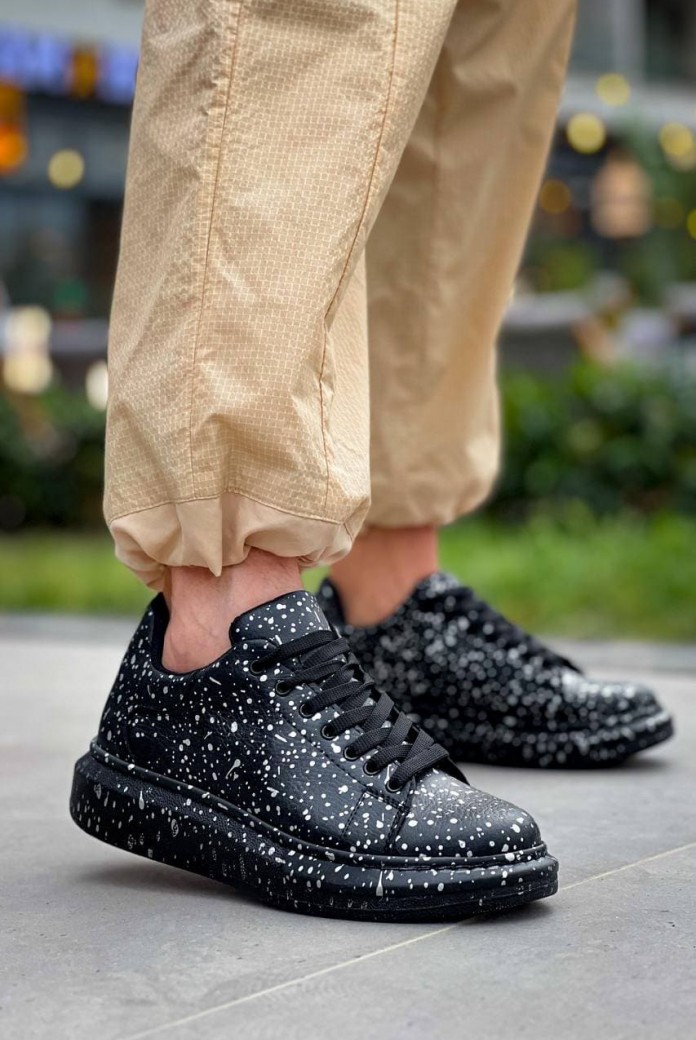 KB-X500 Erkek Günlük Bağcıklı Silver Baskılı Cilt Spor Sneaker Ayakkabı CST - Siyah