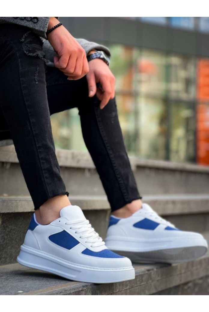 KB-X8 Erkek Günlük Bağcıklı Cilt Süet Spor Sneaker Ayakkabı CSBT - Beyaz/Mavi