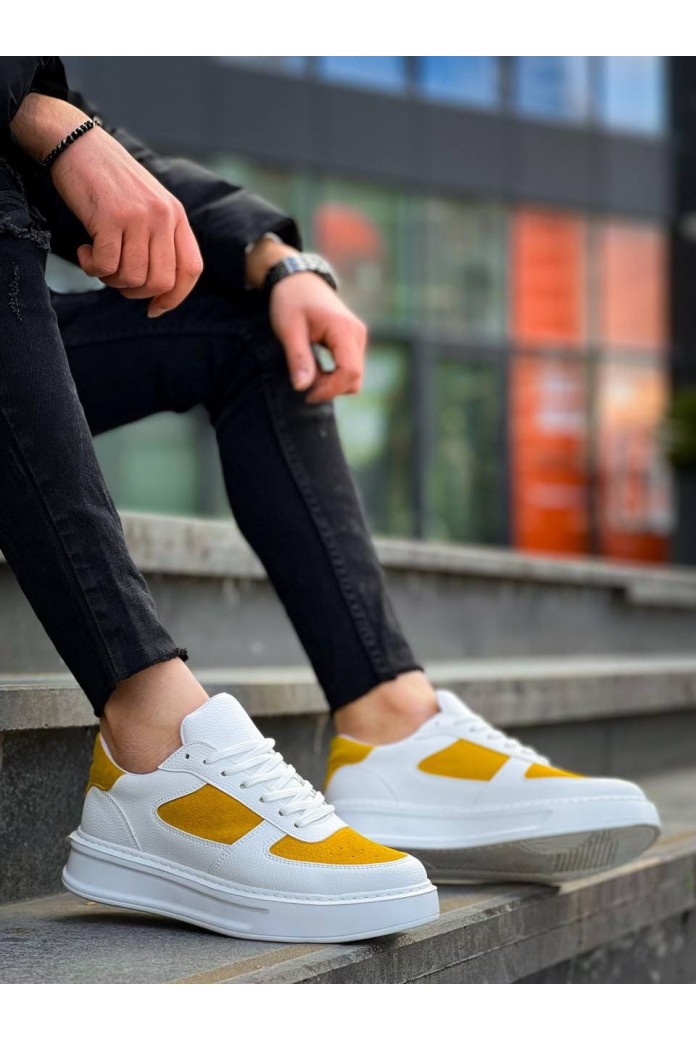 KB-X8 Erkek Günlük Bağcıklı Cilt Süet Spor Sneaker Ayakkabı CSBT - Beyaz/Sarı