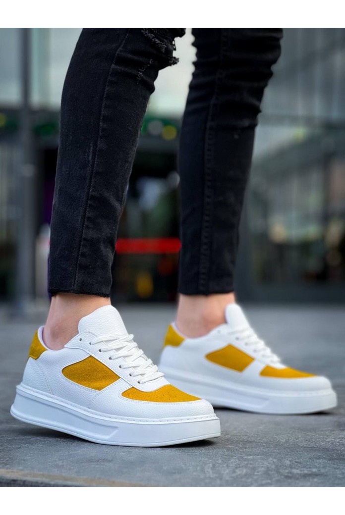 KB-X8 Erkek Günlük Bağcıklı Cilt Süet Spor Sneaker Ayakkabı CSBT - Beyaz/Sarı