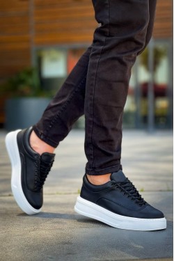 KB005 Erkek Günlük Bağcıklı Cilt Spor Sneaker Ayakkabı CBT - Siyah