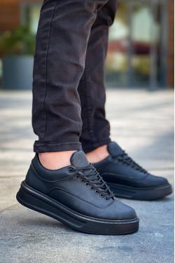 KB005 Erkek Günlük Bağcıklı Cilt Spor Sneaker Ayakkabı CST - Siyah