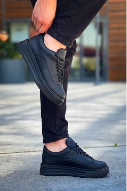 KB005 Erkek Günlük Bağcıklı Cilt Spor Sneaker Ayakkabı CST - Siyah