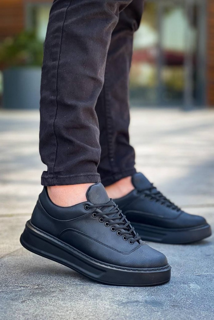 KB005 Erkek Günlük Bağcıklı Cilt Spor Sneaker Ayakkabı CST - Siyah