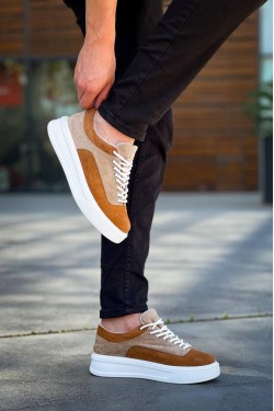 KB005 Erkek Günlük Bağcıklı Süet Spor Sneaker Ayakkabı SBT - Bej/Taba