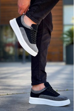 KB005 Erkek Günlük Bağcıklı Süet Spor Sneaker Ayakkabı SBT - Siyah/Gri