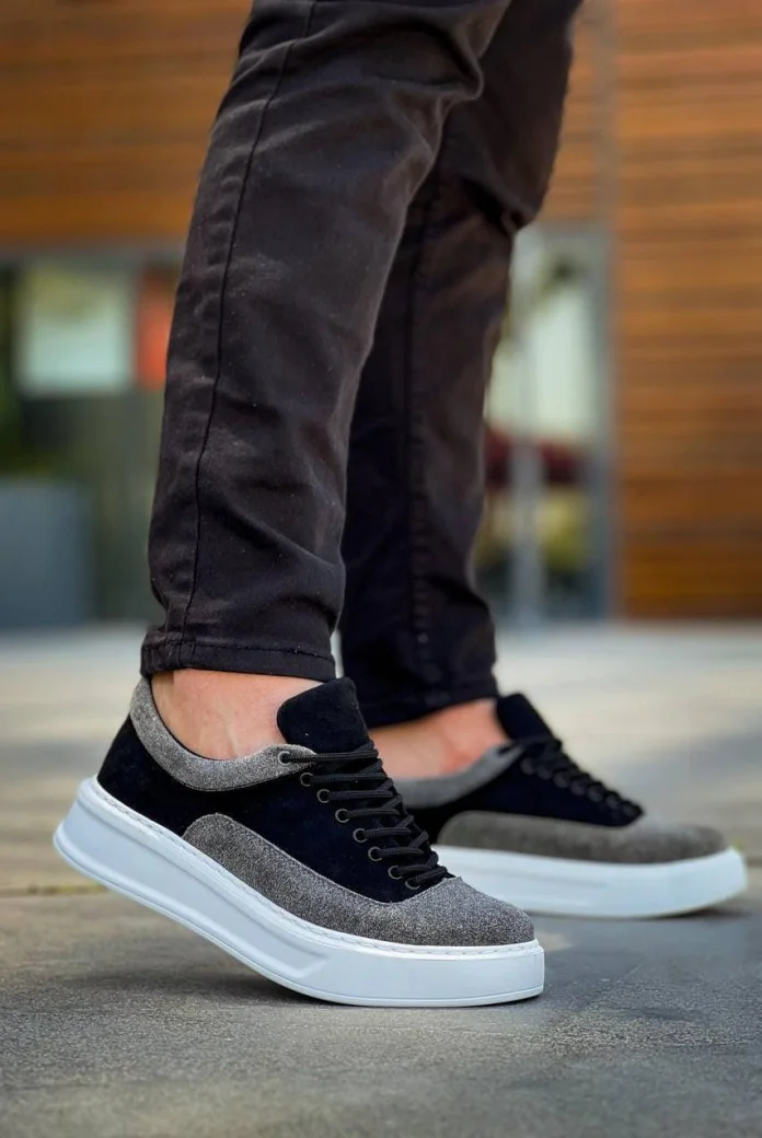 KB005 Erkek Günlük Bağcıklı Süet Spor Sneaker Ayakkabı SBT - Siyah/Gri