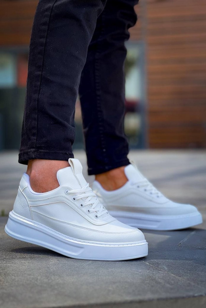 KB006 Erkek Günlük Bağcıklı Cilt Spor Sneaker Ayakkabı CBT - Beyaz