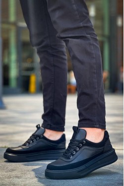 KB006 Erkek Günlük Bağcıklı Cilt Spor Sneaker Ayakkabı CST - Siyah