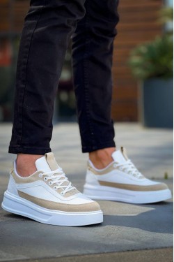 KB006 Erkek Günlük Bağcıklı Cilt Süet Spor Sneaker Ayakkabı CSBT - Beyaz/Bej