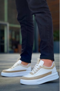 KB006 Erkek Günlük Bağcıklı Cilt Süet Spor Sneaker Ayakkabı CSBT - Beyaz/Bej