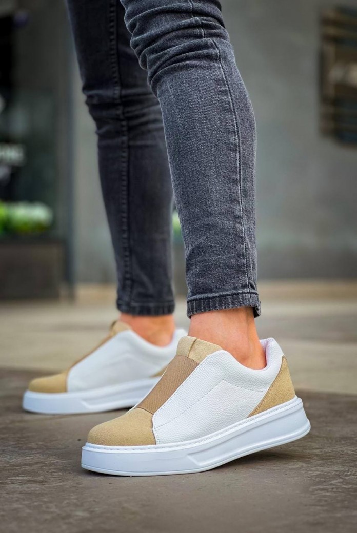 KB007 Erkek Günlük Bağcıksız Süet Cilt Spor Sneaker Ayakkabı SCBT - Bej/Beyaz