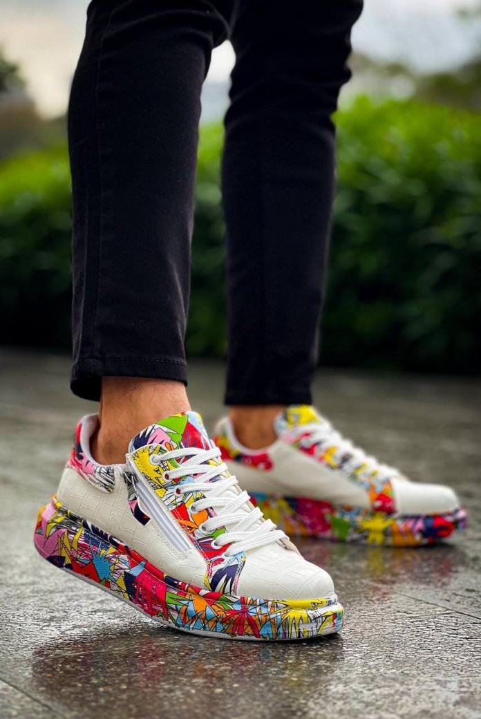 KB02 Erkek Günlük Bağcıklı Fermuarlı Boyalı Croco Cilt Spor Sneaker Ayakkabı CRT - Beyaz/Kırmızı