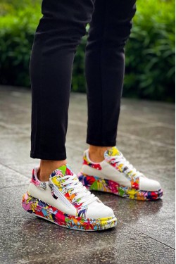 KB02 Erkek Günlük Bağcıklı Fermuarlı Boyalı Croco Cilt Spor Sneaker Ayakkabı CRT - Beyaz/Kırmızı