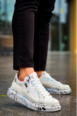 KB02 Erkek Günlük Bağcıklı Fermuarlı Boyalı Croco Cilt Spor Sneaker Ayakkabı CRT - Beyaz/Mavi