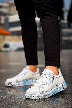 KB02 Erkek Günlük Bağcıklı Fermuarlı Boyalı Croco Cilt Spor Sneaker Ayakkabı CRT - Beyaz/Mavi