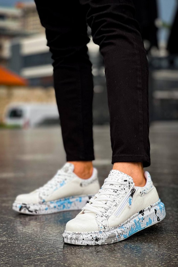 KB02 Erkek Günlük Bağcıklı Fermuarlı Boyalı Croco Cilt Spor Sneaker Ayakkabı CRT - Beyaz/Mavi KB02 Erkek Günlük Bağcıklı Fermuarlı Boyalı Croco Cilt Spor Sneaker Ayakkabı CRT - Beyaz/Mavi