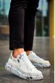 KB02 Erkek Günlük Bağcıklı Fermuarlı Boyalı Croco Cilt Spor Sneaker Ayakkabı CRT - Beyaz/Mavi