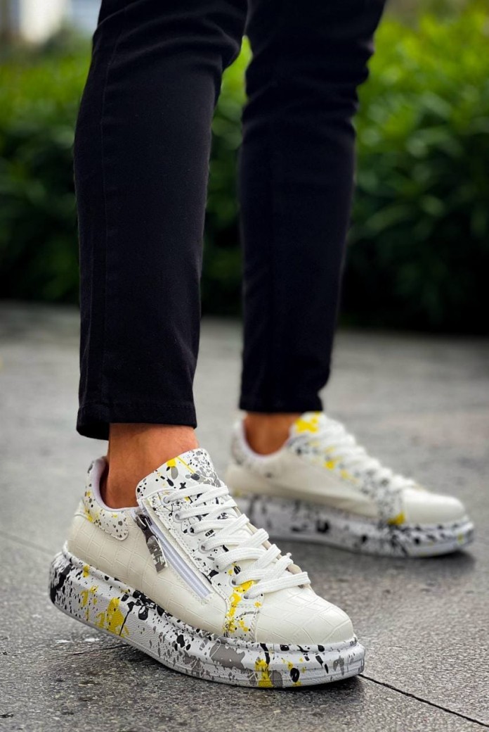 KB02 Erkek Günlük Bağcıklı Fermuarlı Boyalı Croco Cilt Spor Sneaker Ayakkabı CRT - Beyaz/Sarı