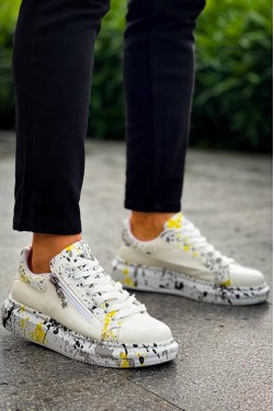 KB02 Erkek Günlük Bağcıklı Fermuarlı Boyalı Croco Cilt Spor Sneaker Ayakkabı CRT - Beyaz/Sarı