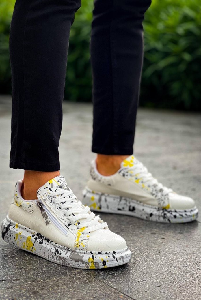 KB02 Erkek Günlük Bağcıklı Fermuarlı Boyalı Croco Cilt Spor Sneaker Ayakkabı CRT - Beyaz/Sarı KB02 Erkek Günlük Bağcıklı Fermuarlı Boyalı Croco Cilt Spor Sneaker Ayakkabı CRT - Beyaz/Sarı