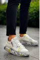 KB02 Erkek Günlük Bağcıklı Fermuarlı Boyalı Croco Cilt Spor Sneaker Ayakkabı CRT - Beyaz/Sarı
