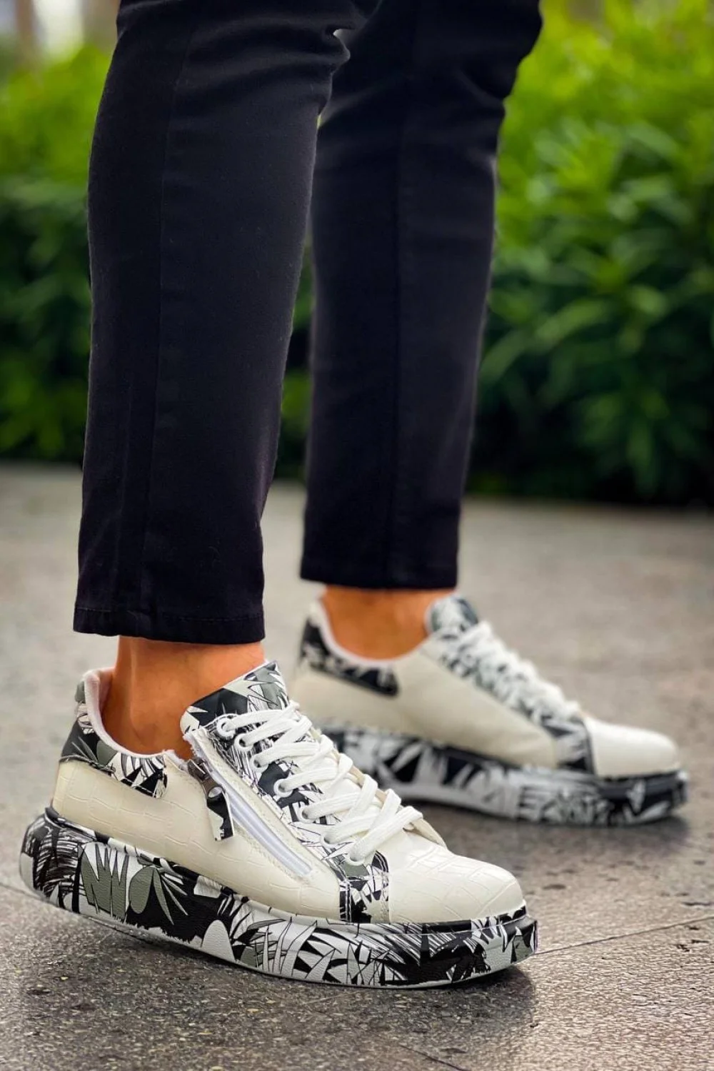 KB02 Erkek Günlük Bağcıklı Fermuarlı Boyalı Croco Cilt Spor Sneaker Ayakkabı CRT - Beyaz/Siyah KB02 Erkek Günlük Bağcıklı Fermuarlı Boyalı Croco Cilt Spor Sneaker Ayakkabı CRT - Beyaz/Siyah