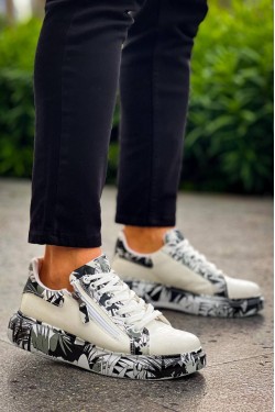 KB02 Erkek Günlük Bağcıklı Fermuarlı Boyalı Croco Cilt Spor Sneaker Ayakkabı CRT - Beyaz/Siyah