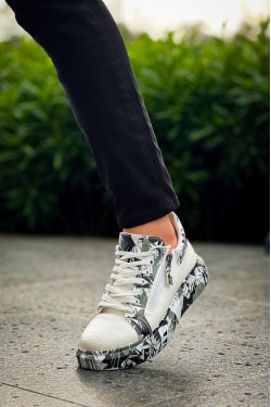 KB02 Erkek Günlük Bağcıklı Fermuarlı Boyalı Croco Cilt Spor Sneaker Ayakkabı CRT - Beyaz/Siyah