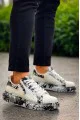 KB02 Erkek Günlük Bağcıklı Fermuarlı Boyalı Croco Cilt Spor Sneaker Ayakkabı CRT - Beyaz/Siyah