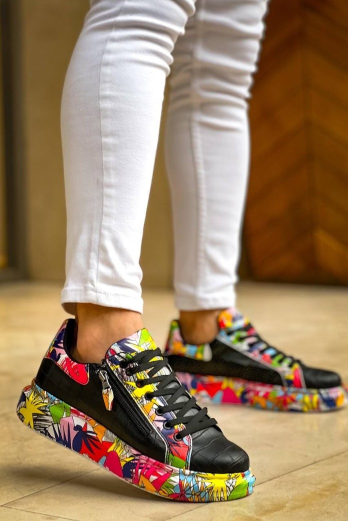 KB02 Erkek Günlük Bağcıklı Fermuarlı Boyalı Croco Cilt Spor Sneaker Ayakkabı CRT - Siyah/Kırmızı