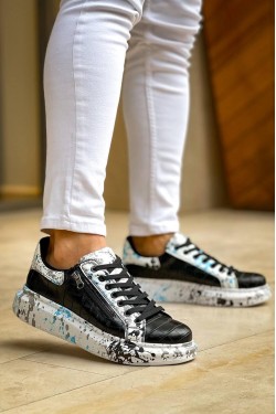 KB02 Erkek Günlük Bağcıklı Fermuarlı Boyalı Croco Cilt Spor Sneaker Ayakkabı CRT - Siyah/Mavi KB02 Erkek Günlük Bağcıklı Fermuarlı Boyalı Croco Cilt Spor Sneaker Ayakkabı CRT - Siyah/Mavi