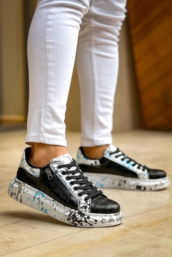 KB02 Erkek Günlük Bağcıklı Fermuarlı Boyalı Croco Cilt Spor Sneaker Ayakkabı CRT - Siyah/Mavi