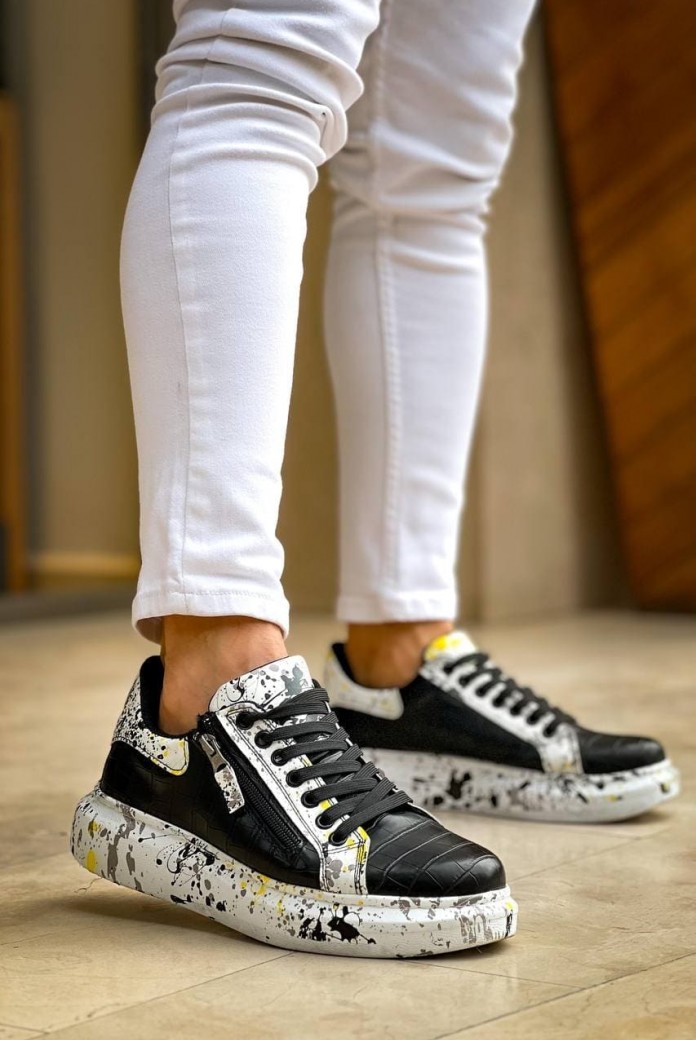 KB02 Erkek Günlük Bağcıklı Fermuarlı Boyalı Croco Cilt Spor Sneaker Ayakkabı CRT - Siyah/Sarı