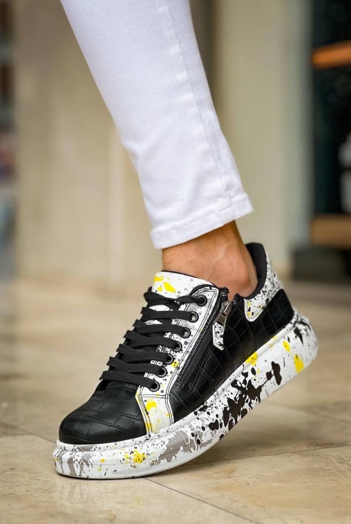 KB02 Erkek Günlük Bağcıklı Fermuarlı Boyalı Croco Cilt Spor Sneaker Ayakkabı CRT - Siyah/Sarı KB02 Erkek Günlük Bağcıklı Fermuarlı Boyalı Croco Cilt Spor Sneaker Ayakkabı CRT - Siyah/Sarı