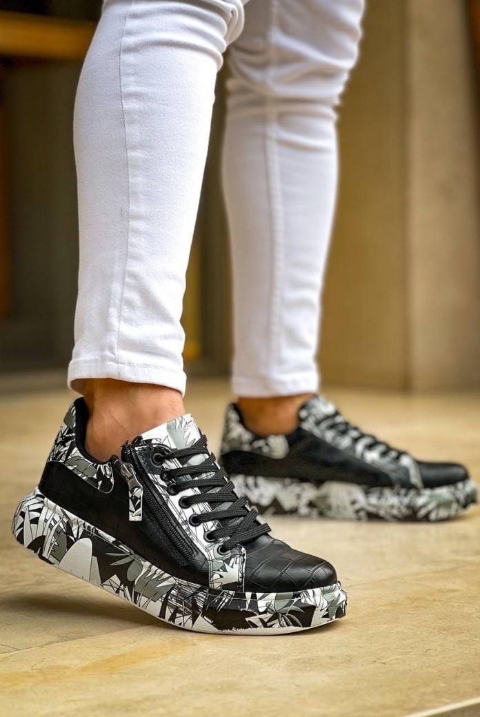 KB02 Erkek Günlük Bağcıklı Fermuarlı Boyalı Croco Cilt Spor Sneaker Ayakkabı CRT - Siyah/Siyah