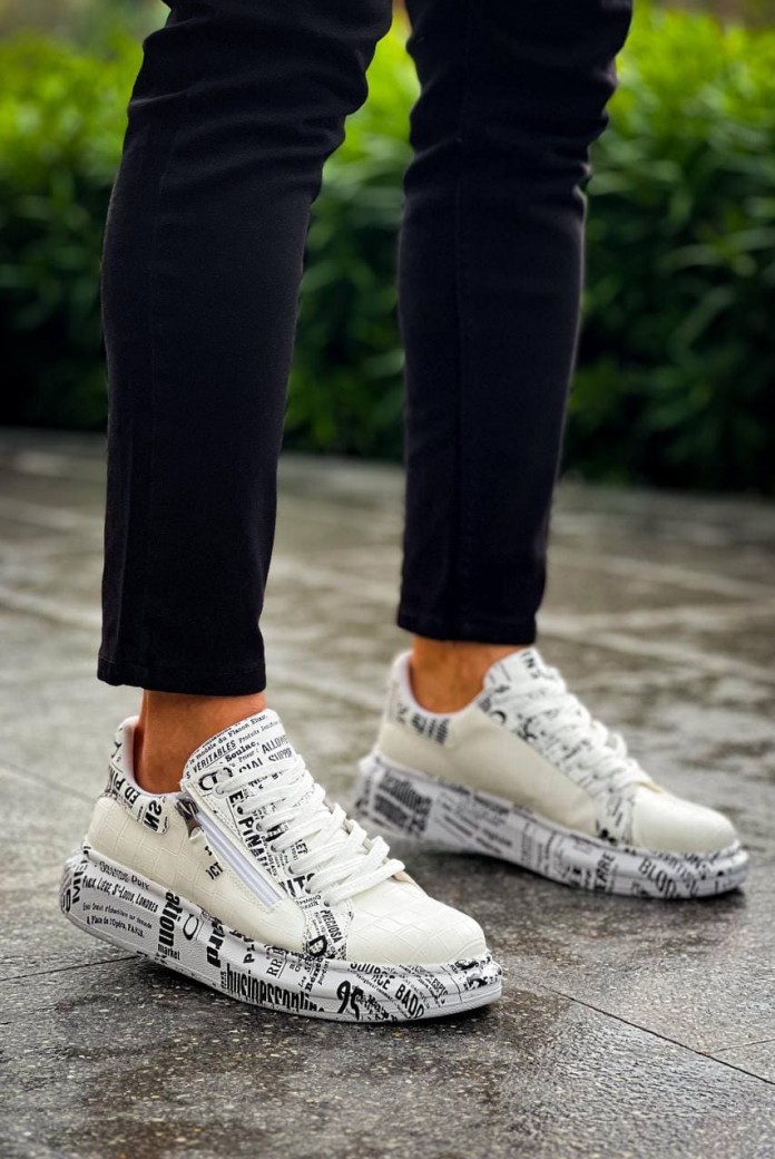KB02 Erkek Günlük Bağcıklı Fermuarlı Gazete Boyalı Croco Cilt Spor Sneaker Ayakkabı CRT - Beyaz
