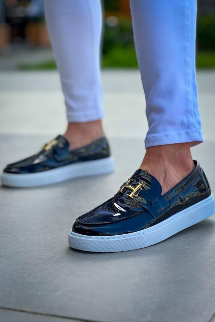 KB027 Erkek Günlük Bağcıksız H Tokalı Rugan Klasik Ayakkabı RBT - Siyah