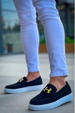 KB027 Erkek Günlük Bağcıksız H Tokalı Süet Klasik Ayakkabı SBT - Siyah