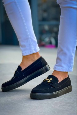 KB027 Erkek Günlük Bağcıksız H Tokalı Süet Klasik Ayakkabı SST - Siyah