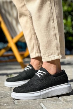KB042 Erkek Günlük Bağcıklı Keten Klasik Ayakkabı BST - Siyah